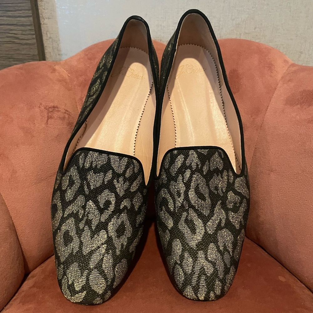 J Crew Metallic Leopard Jacquard Smoking Flat Loafers